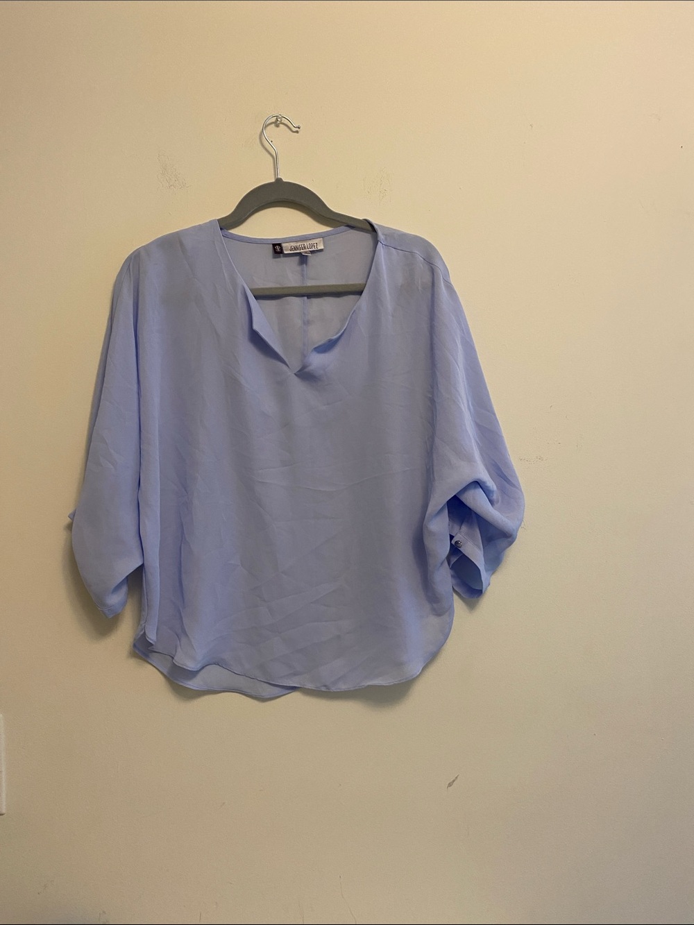 Jennifer Lopez Segal Pale Blue V-Neck Roll-Sleeve Blouse